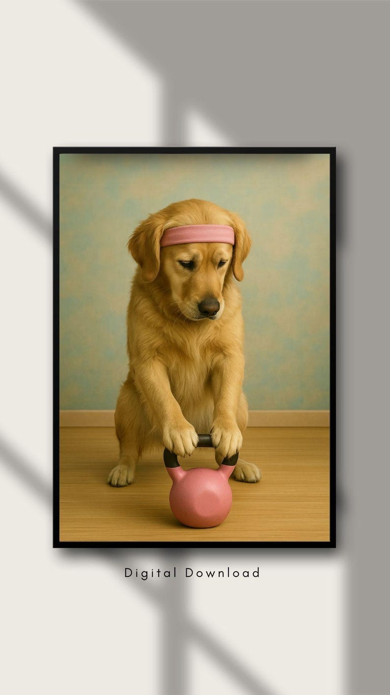May include: A framed digital print showing a golden retriever wearing a pink headband, lifting a pink kettlebell. The dog is on a wooden floor with a light blue and green background. The text "Digital Download" is at the bottom.