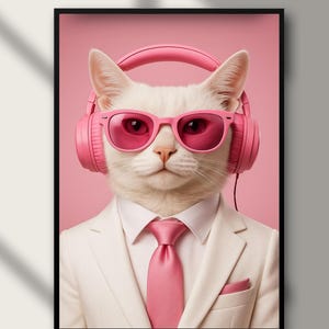 Cool Cat Wall Art, Funny Hipster Cat Poster, Pink Headphones Kitty Digital Download, Quirky Animal Art Print, Cat Lover Gift, Dj Cat Poster
