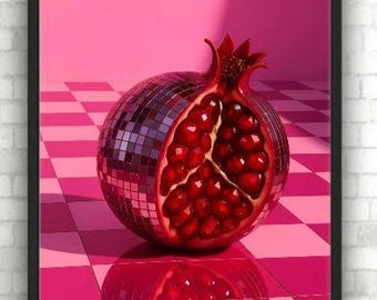 May include: A framed digital art print featuring a disco ball pomegranate cut in half, revealing the red seeds. The artwork is set against a pink checkered background with a matching reflection. The words "Digital Download" are at the bottom.