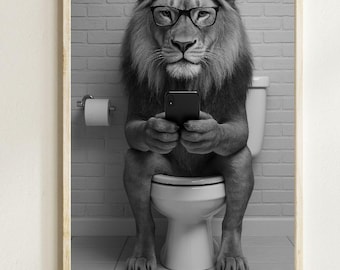 Funny Lion on Toilet Poster: Quirky Bathroom Wall Art (Digital Download