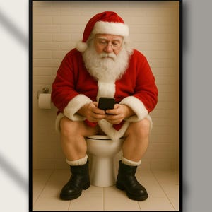 Funny Santa Bathroom Wall Art | Christmas Toilet Humor Printable | Santa Claus Digital Download Poster for Holiday Bathroom Decor
