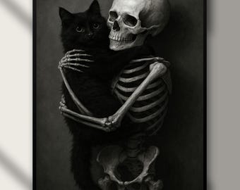Art gothique squelette chat noir : décoration d'Halloween effrayante (téléchargement numérique)