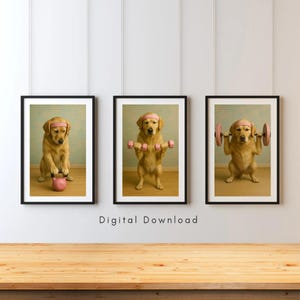 May include: Three framed prints showing a golden retriever wearing a pink headband, exercising with weights and a kettlebell. The prints are set against a light blue backdrop. The words "Digital Download" are at the bottom.