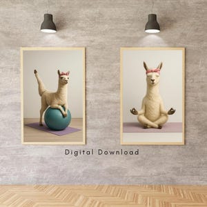Póster de animales divertidos, divertido set de arte mural de llamas para yoga y pilates - Decoración peculiar de animales para gimnasio - Descarga digital para el hogar, spa o gimnasio