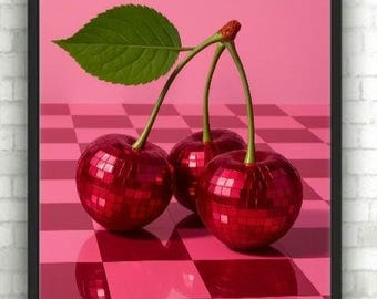 Disco Ball Fruit Print – Funky Cherry Wall Art, Y2K Aesthetic Poster, Retro Kitchen Decor, Trendy Digital Download for Room, Digital Print