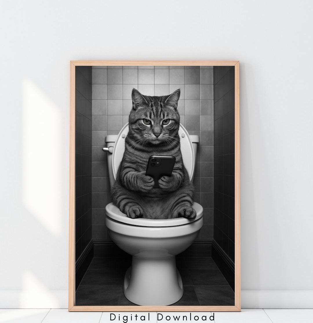 Funny Cat on Toilet Print: Bathroom Humor Wall Art (digital Download ...