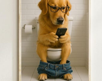 Divertente poster del bagno del Golden Retriever: arte originale per il bagno, stampa per il bagno del cane