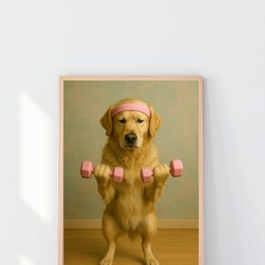 May include: A framed print showing a golden retriever wearing a pink headband and lifting two pink dumbbells. The dog is standing on its hind legs. The background is a light green and brown color scheme.