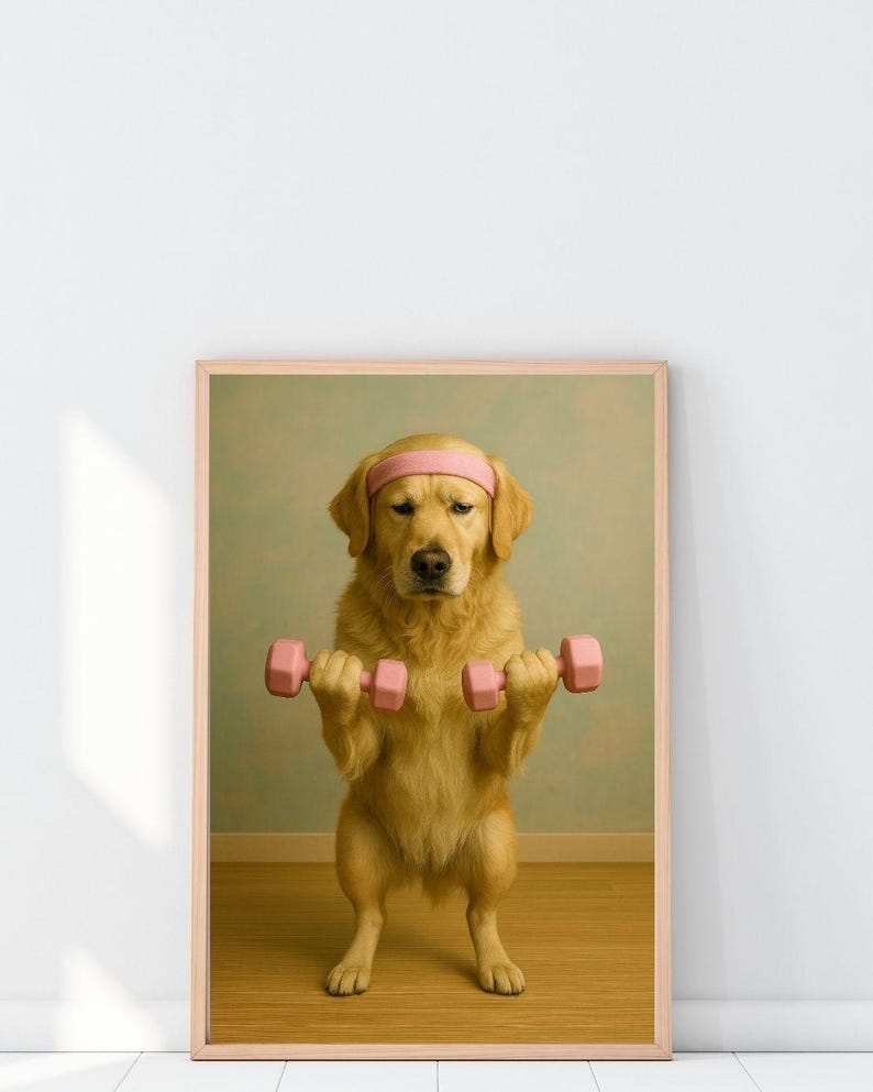 May include: A framed print showing a golden retriever wearing a pink headband and lifting two pink dumbbells. The dog is standing on its hind legs. The background is a light green and brown color scheme.