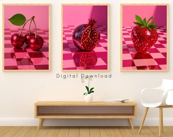 Funky Disco Fruit Wall Art Prints, Set of 3, Cherry, Pomegranate, Strawberry Prints, Trendy Pink Digital Download for Kitchen or Living Room