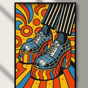 May include: Digital art print of platform shoes with a blue and white checkered pattern, set against a vibrant background of orange, yellow, and blue. The shoes have a retro design, and the image includes the text "Digital Download".