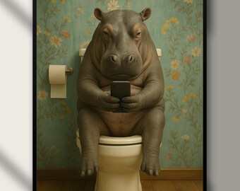 Funny Hippo Bathroom Art: Quirky Toilet Print (Digital Download)