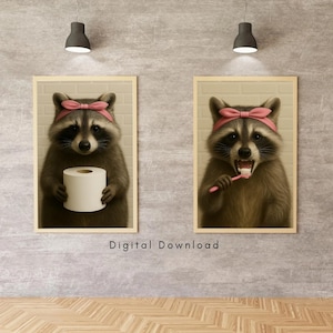 Raccoon Bathroom Wall Art Set of 2 – Cute Raccoon with Toilet Paper & Brushing Teeth – Funny Digital Download for Bathroom Decor