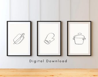 Minimalist Kitchen Line Art Print Set: Modern Cooking Utensils (Digital Download)
