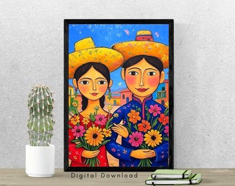 Mexican Folk Art Print: Colorful Couple with Flowers (Digital Download)
