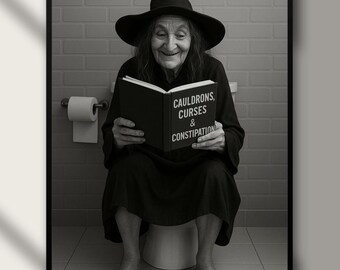 Affiche drôle de salle de bains de sorcière : chaudrons, malédictions et constipation (téléchargement numérique)