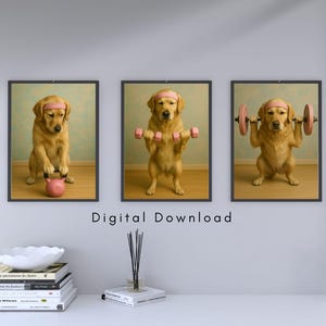 May include: Three framed prints showing a golden retriever wearing a pink headband and lifting weights. The dog is depicted with a kettlebell, dumbbells, and a barbell. The text "Digital Download" is printed below the frames.