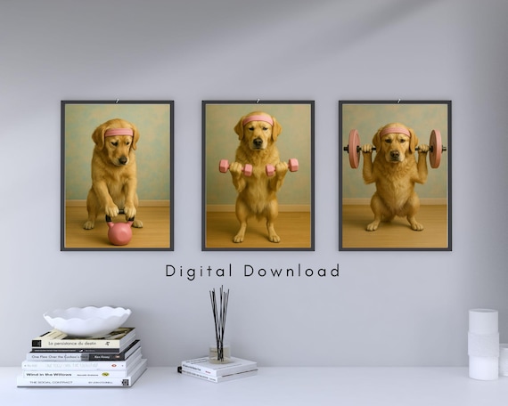 Golden Retriever Gym Art Prints: Funny Dog Workout Posters (Digital Download)