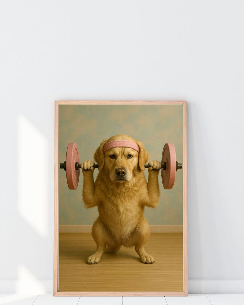 May include: A framed print shows a golden retriever lifting a pink barbell. The dog wears a pink headband and is in a squat. The background is a light blue wall and a wooden floor. The print is in a light brown frame.
