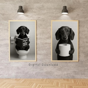 Funny Dachshund Bathroom Art Prints: Dog on Toilet (Digital Download Set)