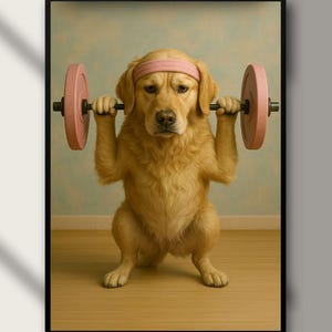 May include: A framed print showing a golden retriever lifting a pink barbell. The dog wears a pink headband. The image includes the text "Digital Download" at the bottom.