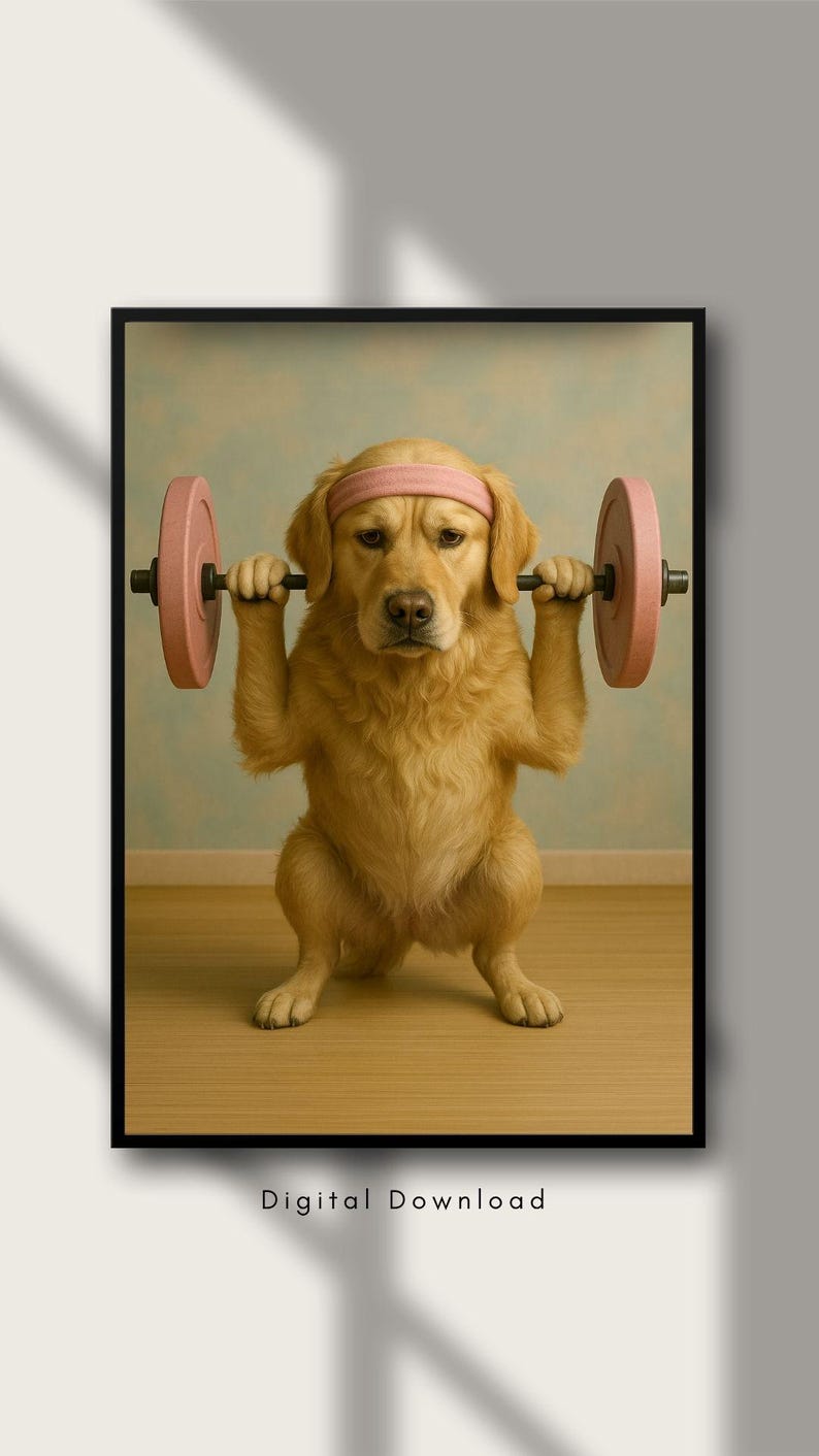 May include: A framed print showing a golden retriever lifting a pink barbell. The dog wears a pink headband. The image includes the text "Digital Download" at the bottom.
