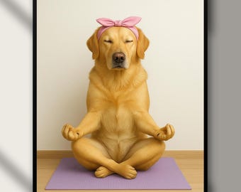May include: A framed print featuring a golden Labrador Retriever in a yoga pose, wearing a pink headband. The dog is seated on a purple yoga mat with its eyes closed. The words "Digital Download" are at the bottom.