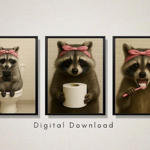 Raccoon Bathroom Wall Art Set, Funny Bathroom Print, Cute Raccoon on Toilet, Holding Toilet Paper & Brushing Teeth, Digital Download Prints