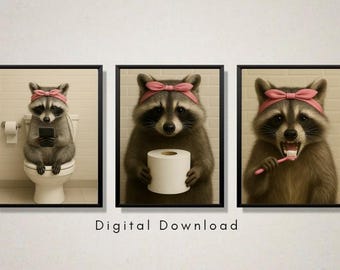 Funny Raccoon Bathroom Art Prints Set, Quirky Animal Decor (Digital Download)
