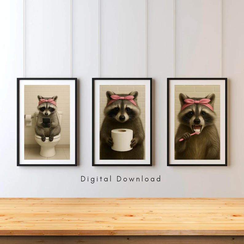 Funny Raccoon Bathroom Art Prints Set, Quirky Animal Decor (digital ...