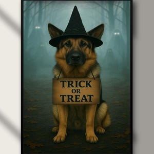 Halloween German Shepherd Dog Poster - Trick or Treat Sign - Witch Hat Wall Art - Spooky Digital Download - Funny Halloween Decor