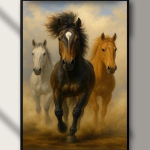 Horses Wall Art - Majestic Running Horses Wall Art, Realistic Oil Painting Style, Western Equestrian Print – Horse Lover Gift, Digital Print