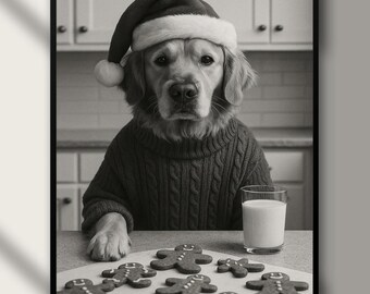 Könnte beinhalten: Schwarz-Weiß-Druck in einem Rahmen mit einem Golden Retriever mit Weihnachtsmütze und Pullover, Lebkuchen und einem Glas Milch. Der Text "Digital Download" steht unten.