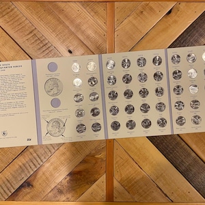 May include: A collection of United States commemorative quarters from 1999-2008, displayed in a collector's album. The album features a series of quarters, each representing a different state, with the years printed above each coin.