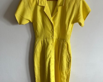 Vintage 1980s Yellow Belted Shirt Dress