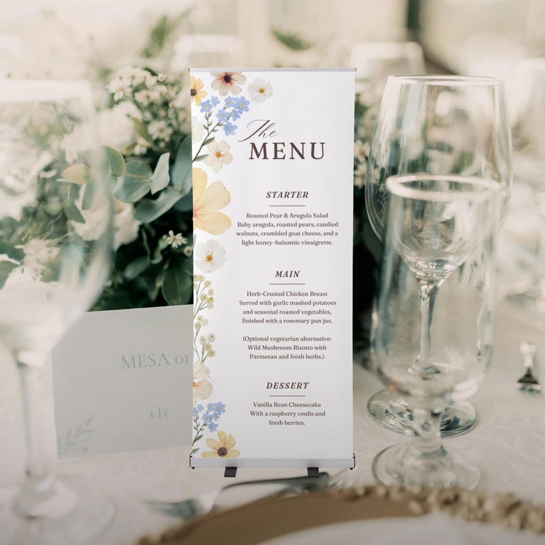 May include: A white roll-up menu with floral accents in yellow, blue, and peach. The menu lists a starter, main course, and dessert. The menu is displayed on a table with glassware and floral arrangements.