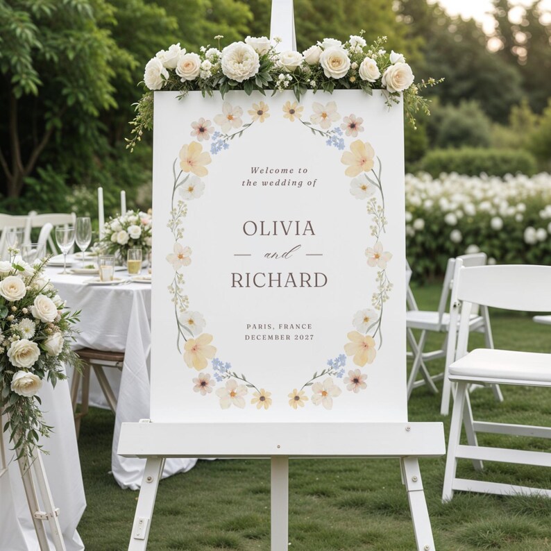 May include: A white wedding welcome sign on an easel, decorated with floral arrangements. The sign reads "Welcome to the wedding of Olivia and Richard" with the location and date below. The sign is surrounded by flowers.