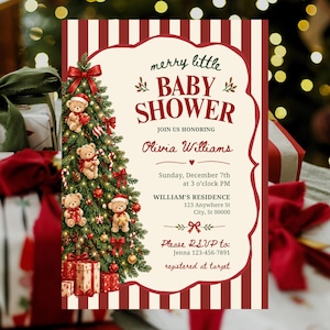 Puede incluir: Una tarjeta de invitación rectangular para baby shower con un borde a rayas rojas y blancas. El lado izquierdo presenta un árbol de Navidad decorado con ositos de peluche y regalos. El centro de color crema muestra el texto: merry little BABY SHOWER, JOIN US HONORING Olivia Williams, Sunday, December 7th at 3 o'clock PM, WILLIAM'S RESIDENCE, 123 Anywhere St, City, St 00000, Please RSVP to: Jenna 123-456-7891, registered at target.