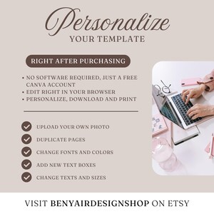 May include: A digital template advertisement with the text "Personalize Your Template." The image highlights features like uploading photos, changing fonts, and editing in a browser. A person is shown using a laptop. The Etsy shop name is also included.