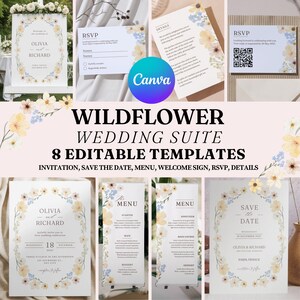 Wedding Invitation Template, Suite, CANVA Wedding Template, Wildflower Wedding Suite, Elegant Floral Digital, Printable Wedding Invitation image 1