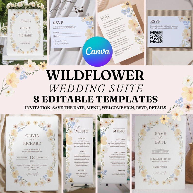 Wedding Invitation Template, Suite, CANVA Wedding Template, Wildflower Wedding Suite, Elegant Floral Digital, Printable Wedding Invitation image 1