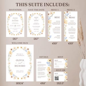 May include: A wedding stationery suite featuring invitations, save-the-date cards, menus, a welcome sign, details card, and RSVP cards. Each piece has a floral design with the names Olivia and Richard. Sizes include 5x7 inches, 4x9 inches, 18x24 inches, 4x6 inches, and 5x3.5 inches.