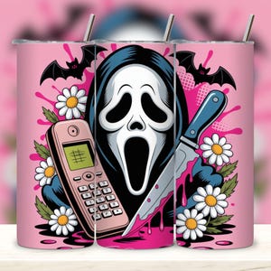 GF Daisy Horror Killer Spooky Pink Vaso de 20 oz Temporada espeluznante png Envoltura de vaso Vaso de Halloween Sublimación.