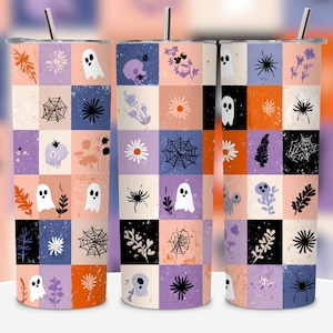 Retro Halloween Tumbler Wrap PNG, 20oz Skinny Tumbler Sublimation, Checkered Ghost Tumbler PNG, Spooky Season Tumbler, Pastel Halloween Png.