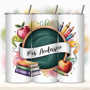 Custom Teacher Tumbler Wrap Design Coquette School Add Your Own Name/Text Seamless Sublimation 20 oz Skinny Tumbler PNG Digital Download.