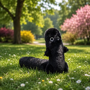 May include: A plush toy shaped like a long, black, fuzzy creature with a cylindrical body, two small arms, and two large, circular white eyes with black pupils. The soft, textured material covers the entire surface of the upright figure.