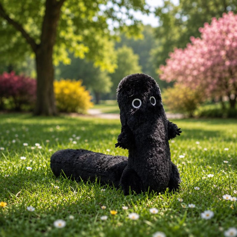 May include: A plush toy shaped like a long, black, fuzzy creature with a cylindrical body, two small arms, and two large, circular white eyes with black pupils. The soft, textured material covers the entire surface of the upright figure.