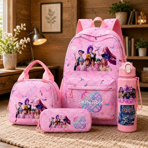 K Pop Demon Hunter 4 Piece Backpack Set, K Pop Backpack Set With Lunch Bag, Pencil Case & Water Bottle, Anime Demon Hunter School Bag Set.