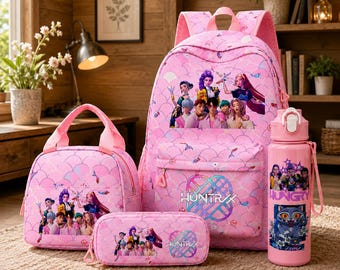 K Pop Demon Hunter 4 Piece Backpack Set, K Pop Backpack Set With Lunch Bag, Pencil Case & Water Bottle, Anime Demon Hunter School Bag Set.