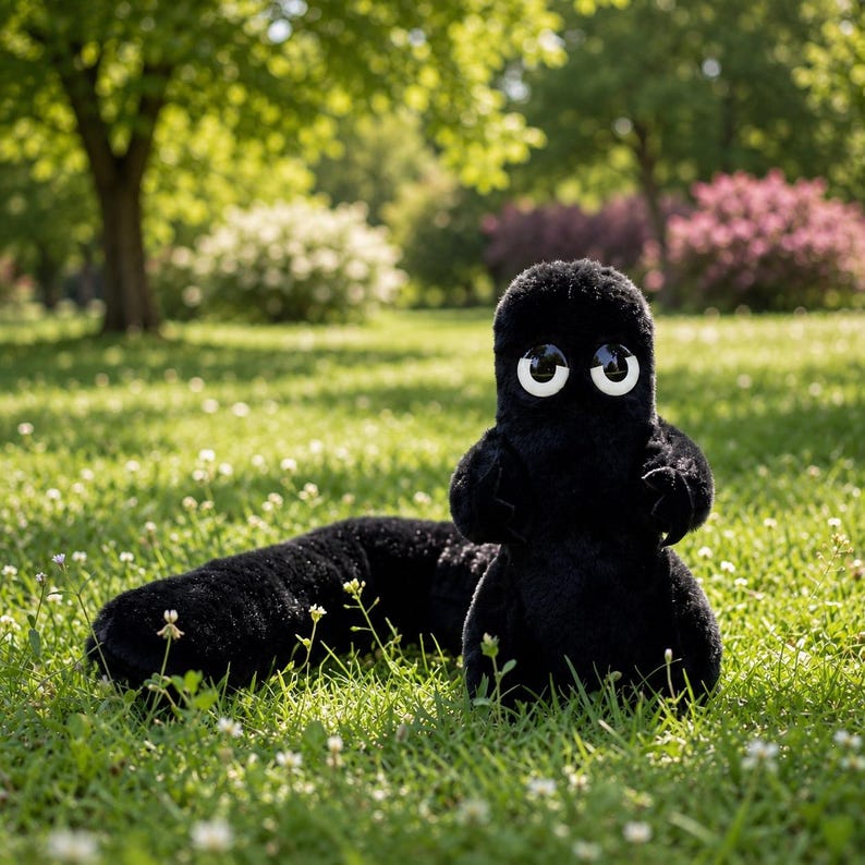 May include: A plush toy shaped like a creature with black fur, a long tail, and two large, round white eyes with black pupils. The toy is standing upright on a green grassy surface, featuring a soft, fuzzy texture and a rounded, upright body shape.